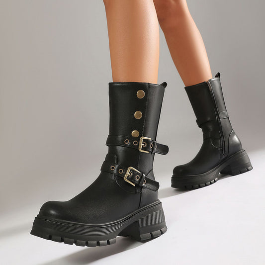 Supply Thick Sole High Heel Women's Boots Punk Style Belt Buckle Ankle Boots