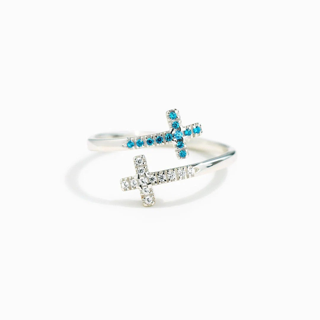 Double layered cross blue and white diamond open ring