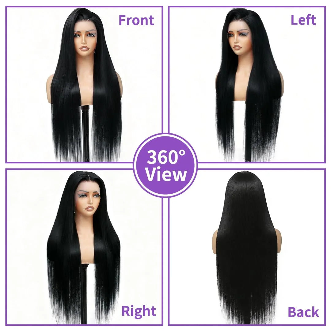 Lace Front Wigs Human Hair 42 Inch 12A Virgin Straight Human Hair Wig 200 Density Soft 13x6 Lace Front Wigs Human Hair Pre Plucked Invisilbe Hairline Glueless HD Frontal Wig Natural Black