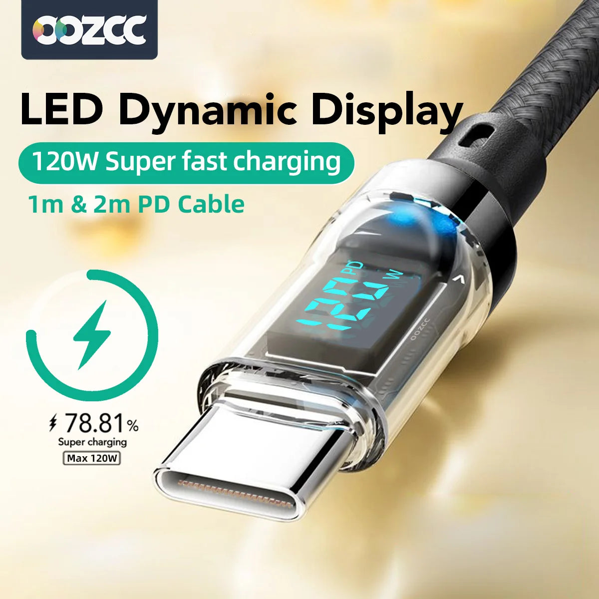 OOZCC LCD Watt Display Cable, Max 120W Super Fast Charging USB Type C Cable Data Transfer, USB A to Lightning for IPhone14 Pro