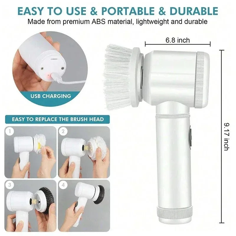 Electric Spin Scrubber 5-in-1  Cordless Rechargeable Cleaning Brush for Bathroom kitchen Tile