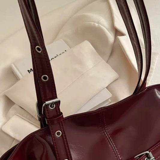 Solid-color Versatile Tote Bag for Women High-quality Suede Buckle-designed Bucket Commuter Bag